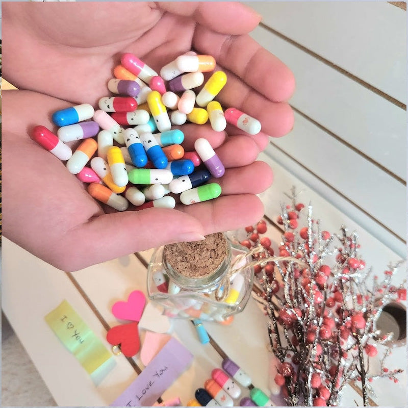 Lettres en capsules avec message dans la bouteille (couleurs mélangées 🎁)