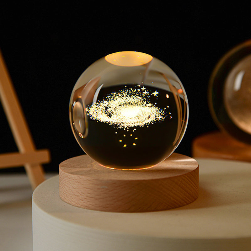 Veilleuse boule de cristal 3D avec base en bois