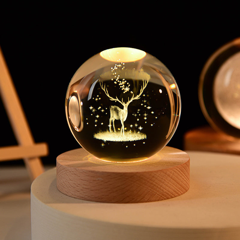 Veilleuse boule de cristal 3D avec base en bois