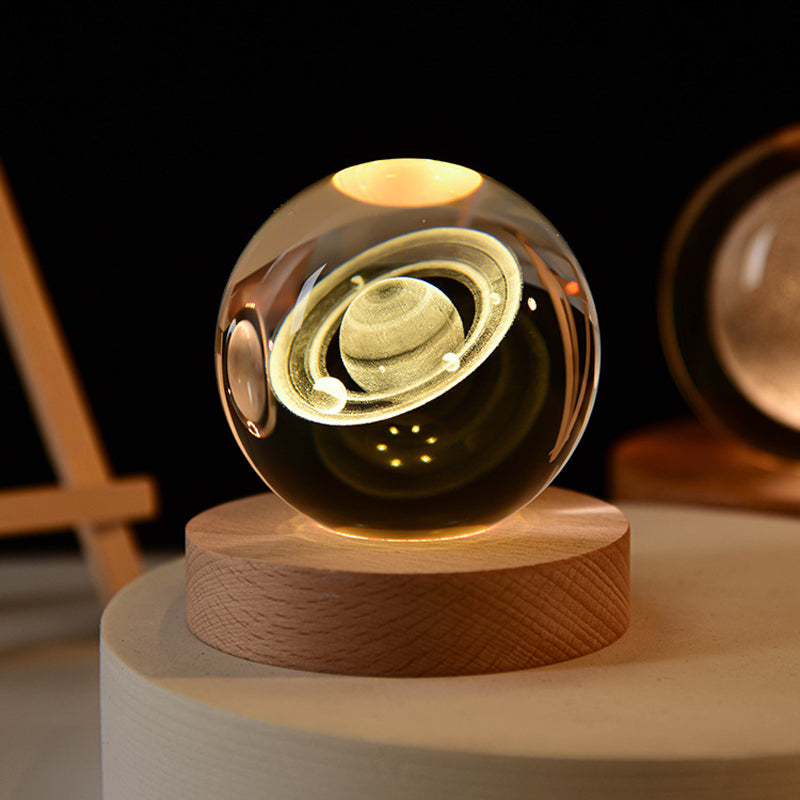 Veilleuse boule de cristal 3D avec base en bois