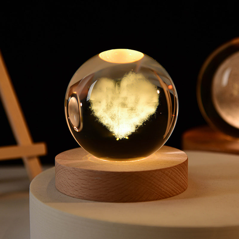 Veilleuse boule de cristal 3D avec base en bois