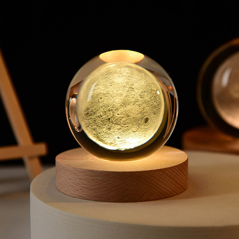 Veilleuse boule de cristal 3D avec base en bois