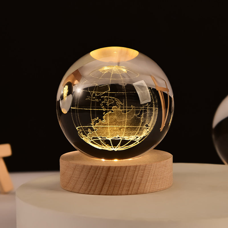 Veilleuse boule de cristal 3D avec base en bois