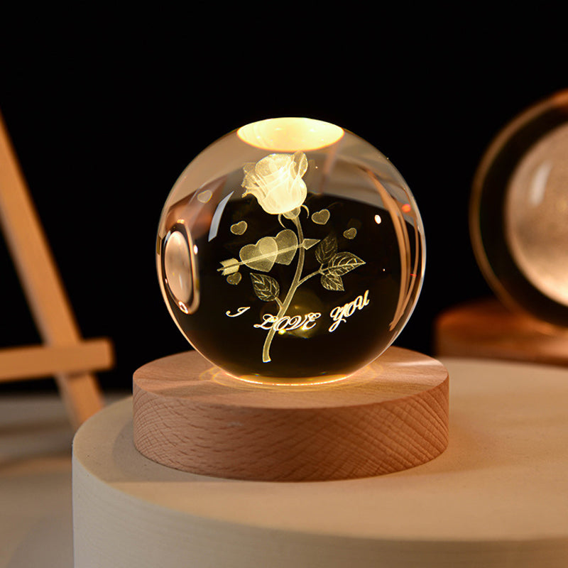 Veilleuse boule de cristal 3D avec base en bois