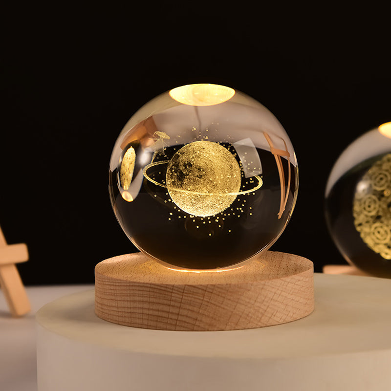 Veilleuse boule de cristal 3D avec base en bois