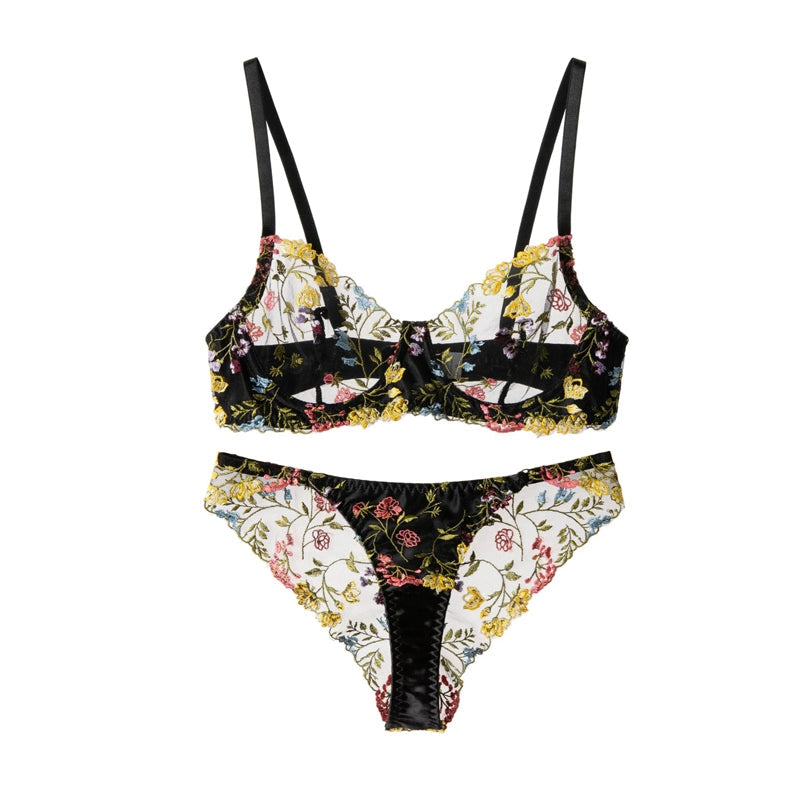 Ensemble soutien-gorge et culotte en dentelle fleurie pour femme