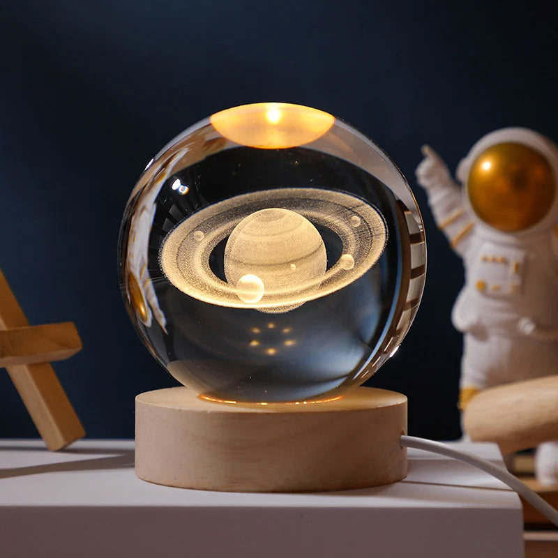 Veilleuse boule de cristal 3D avec base en bois