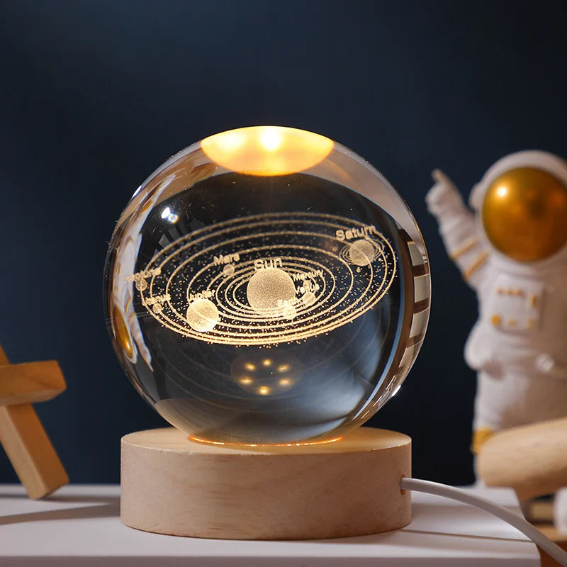 Veilleuse boule de cristal 3D avec base en bois