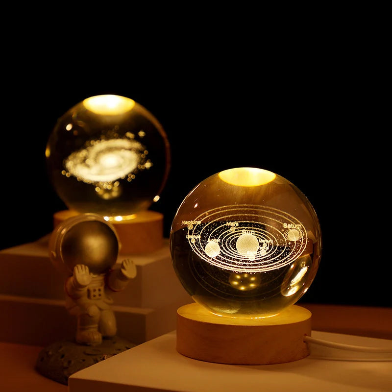 Veilleuse boule de cristal 3D avec base en bois