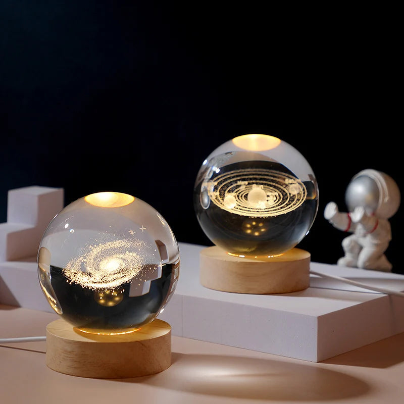 Veilleuse boule de cristal 3D avec base en bois