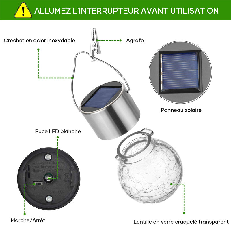 Lampes solaires suspendues en verre craquelé multicolore