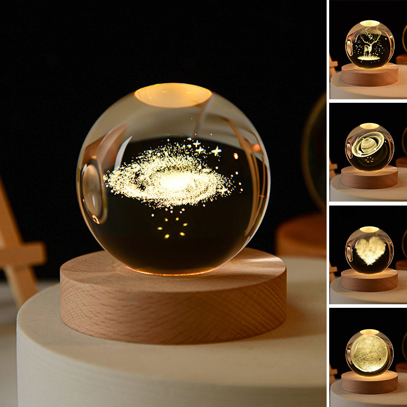 Veilleuse boule de cristal 3D avec base en bois